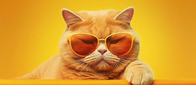 an orange cat wearing sunglasses with a yellow background