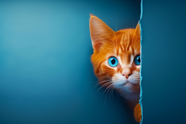 Orange cat with blue eyes peeking out of hole in wall Generative AI