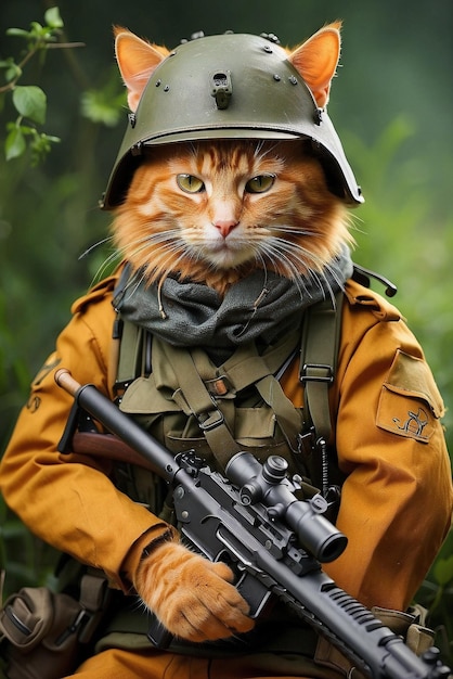 Foto gatto arancione nell'attrezzatura della wehrmacht della seconda guerra mondiale