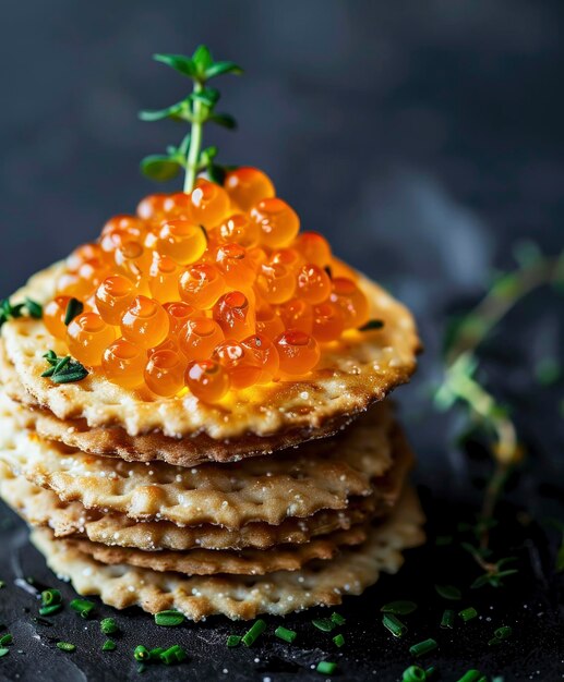 Orange caviar on cracker with herbs on the dark background