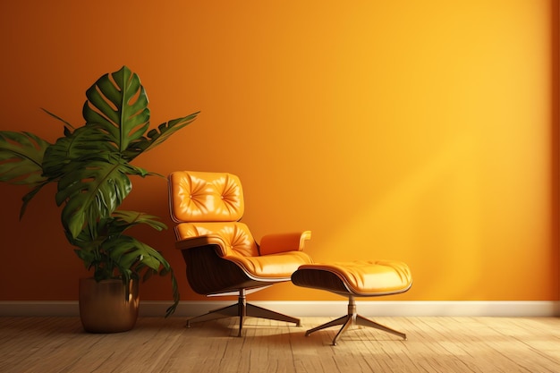 Orange chair in a living room with a plant