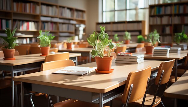 Orange chairs and book on top of the desks in the school or university classroom Blurred background