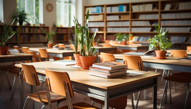 학교 또는 대학 교실의 책상 위에 오렌지색 의자와 책 흐릿한 배경