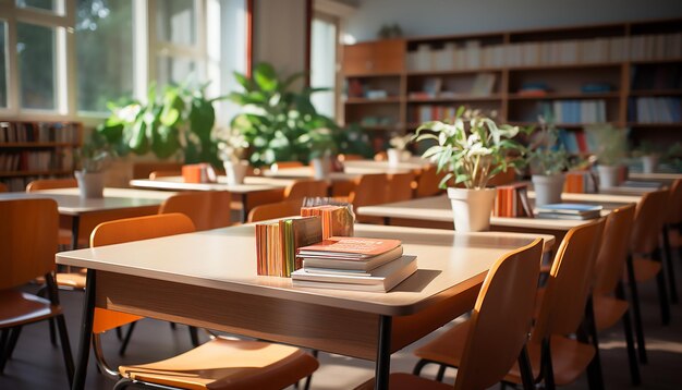 Orange chairs and book on top of the desks in the school or university classroom Blurred background