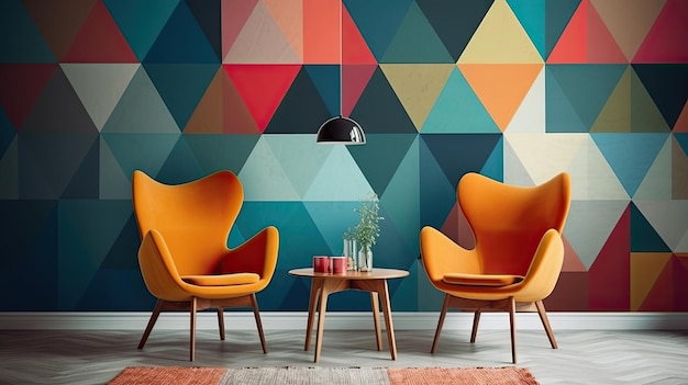 거실에 있는 주황색 의자는 기하학적 패턴이 있는 다채로운 기하학적 배경입니다.