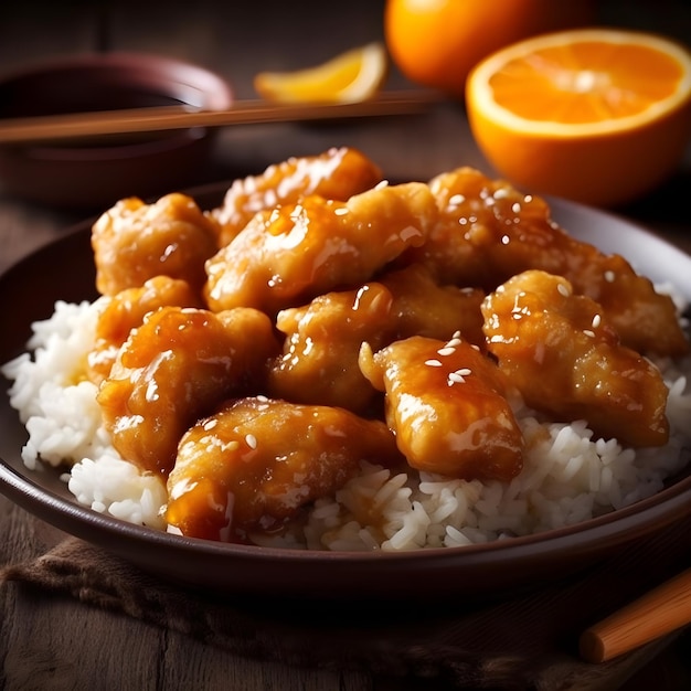 Orange chicken with rice and orange sauce on a plate