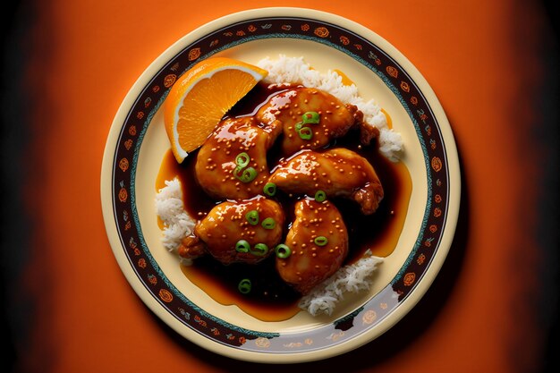 orange chicken with rice served on a plate