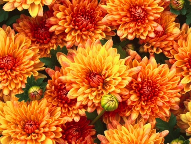 Photo orange chrysanthemum flowers background natural seamless pattern