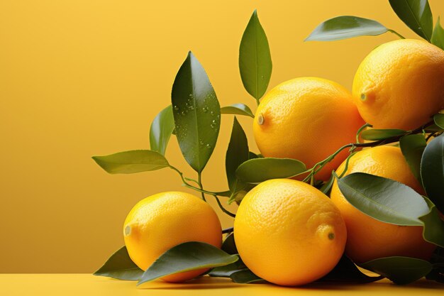 Orange citrus with green leaf on yellow background generative ia