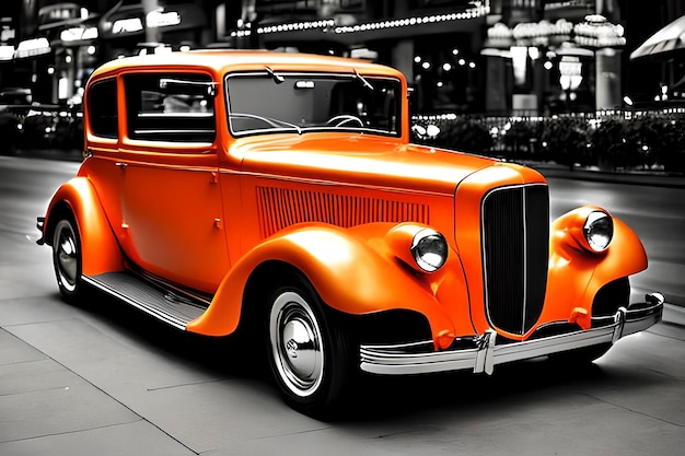 Orange classic car on black and white background