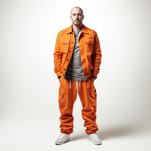 Orange clothes white man on white background isolated hig