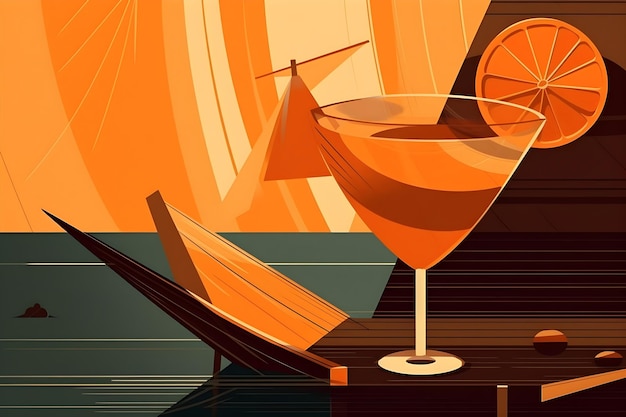 An orange cocktail with a sailboat in the background