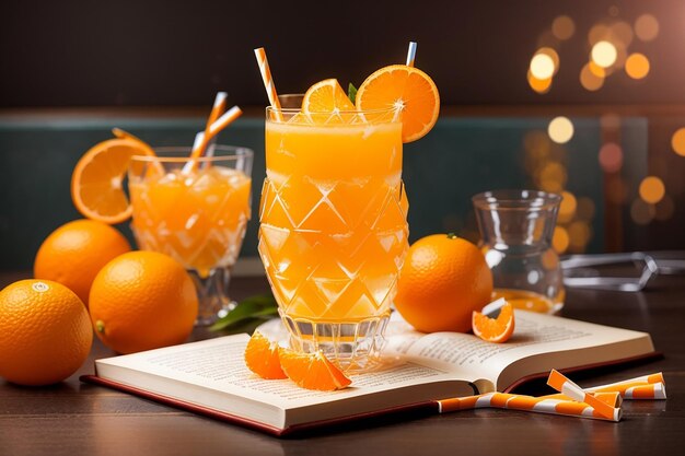 Orange coctail with fresh orange juice ice and straws on book