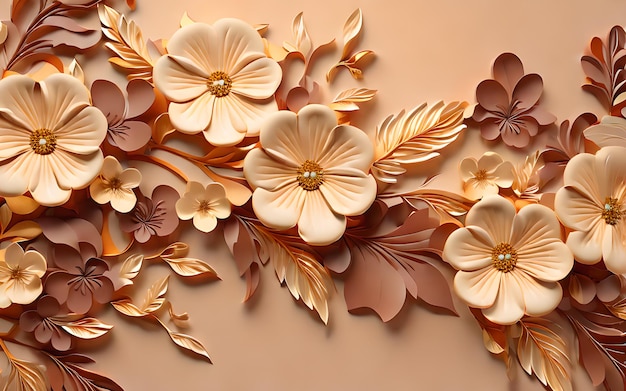 Photo orange color 3d wall leaf flower leaf background wallpaper