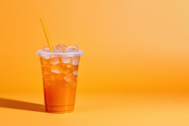 Напиток оранжевого цвета в пластиковом стаканчике, изолированном на оранжевом фоне. Концепция напитков на вынос