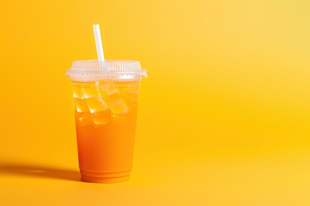 Orange color drink in a plastic cup isolated on a orange color background take away drinks concept