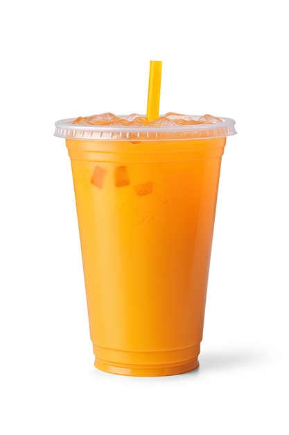 Orange color drink in a plastic cup isolated on a white background Take away drinks concept