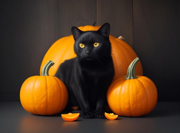 An orange color pumpkin and a black cat Generative Ai