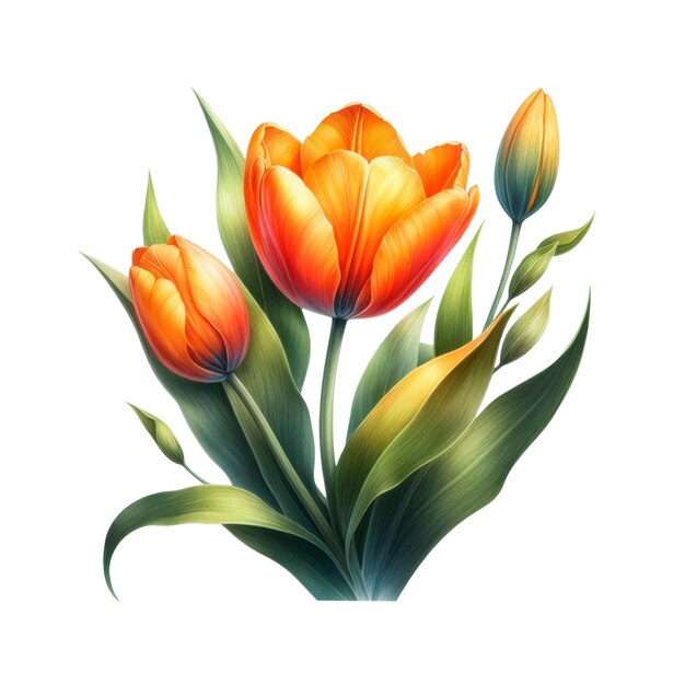 Orange color tulip flower illustration isolated on white background AI Generative