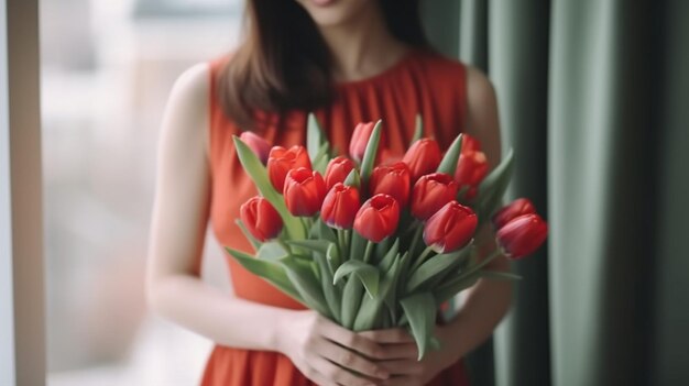 Orange color tulips in woman hand Young beautiful woman holding a spring bouquet Bun Generative AI