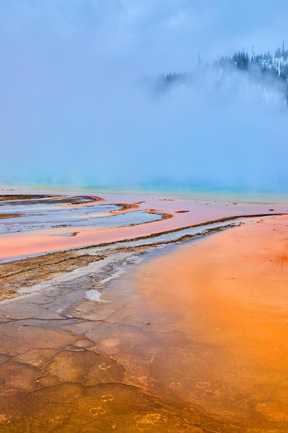 Orange colors in front of steamy Grand Prismatic Spring of Yellowstone