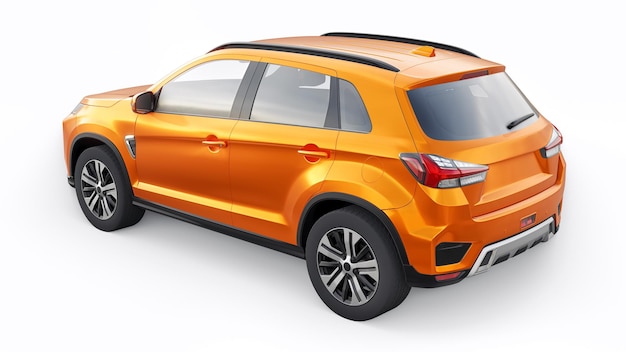 Orange compact urban SUV on a white uniform background with a blank body for your design 3d rendering