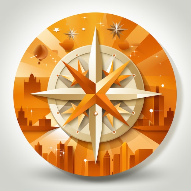 An orange compass with a city in the background