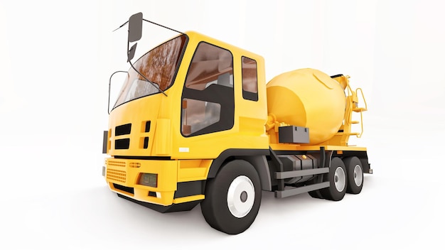 Orange concrete mixer truck white background. Three-dimensional illustration of construction equipment. 3d rendering.