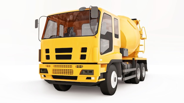 Orange concrete mixer truck white background. Three-dimensional illustration of construction equipment. 3d rendering.