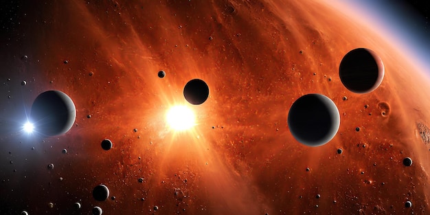 Оранжевая космическая энергия, планеты и звезды в глубоком космосе