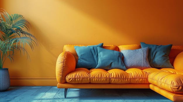 Orange Couch in Front of Blue Wall