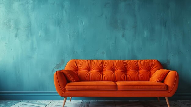 Orange Couch in Front of Blue Wall