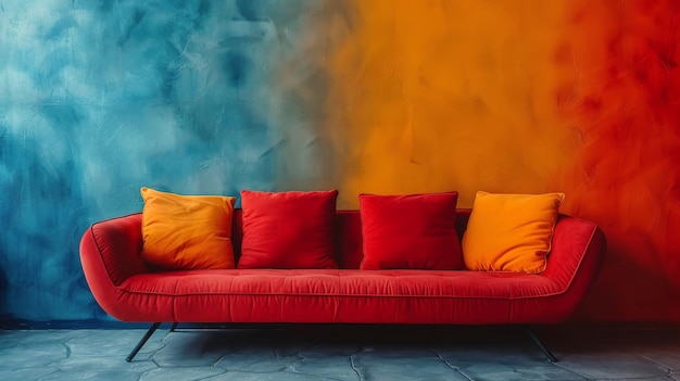 Orange Couch in Front of Blue Wall