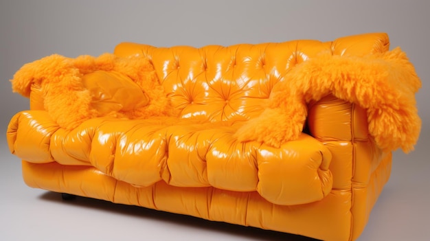 An orange couch with a fur covered cushion ai