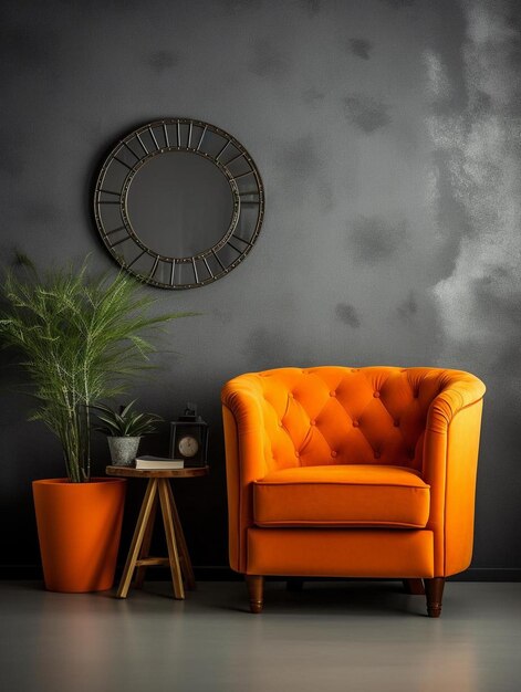 Photo a orange couch with a round mirror and a round mirror on the wall