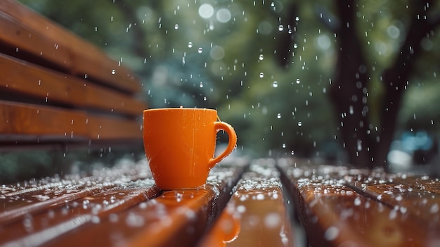 an orange cup of tea stands on a bench in the spring rain