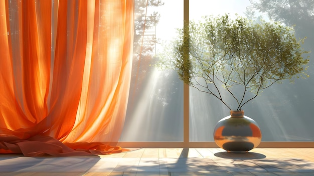 モダンな部屋にオレンジ色のカーテン、デザインされた植物のある木の床、部屋の晴れた日