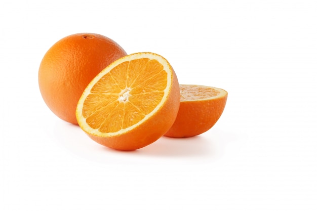 Orange cut in half on white background.