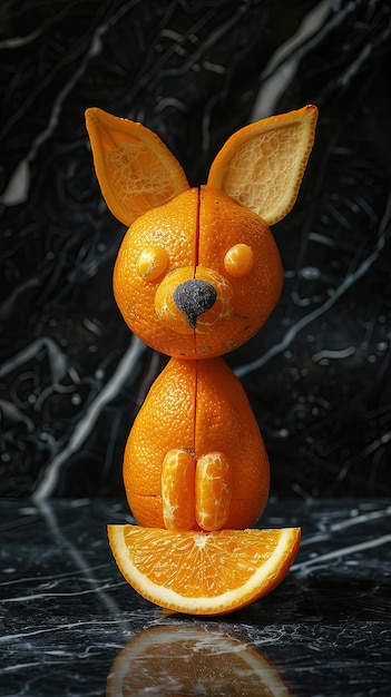 Photo orange cut in the shape of a dog complex fruit compositions