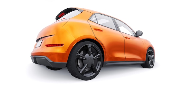 Orange cute little electric hatchback car 3D illustration