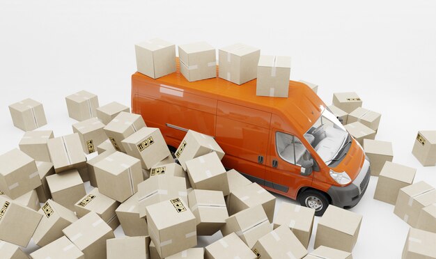 Оранжевый автофургон с картонными коробками