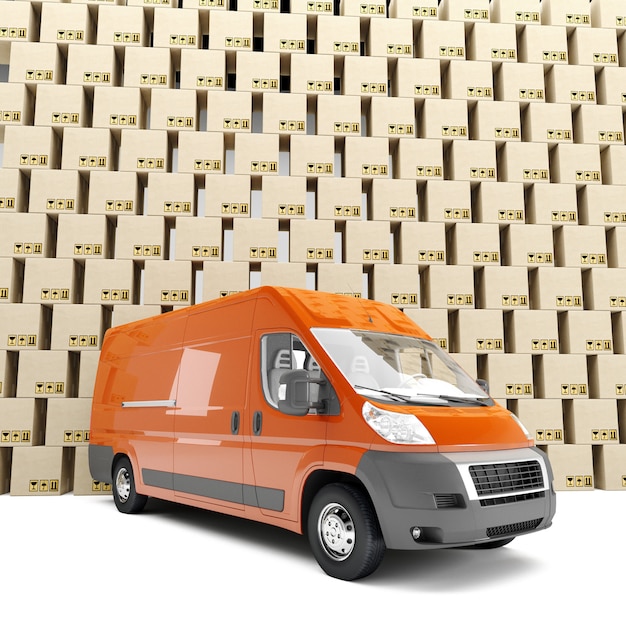 Orange delivery van with cardboard boxes