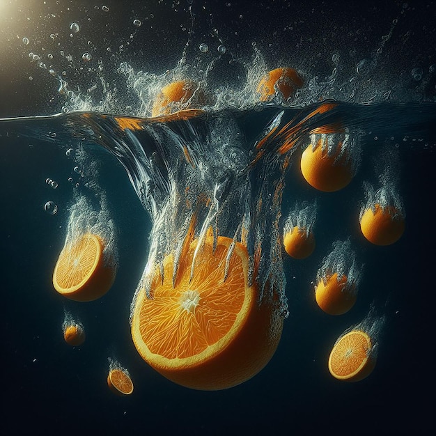 오렌지색이 슈퍼 슬로모션으로 물 속으로 뛰어들고 있습니다.