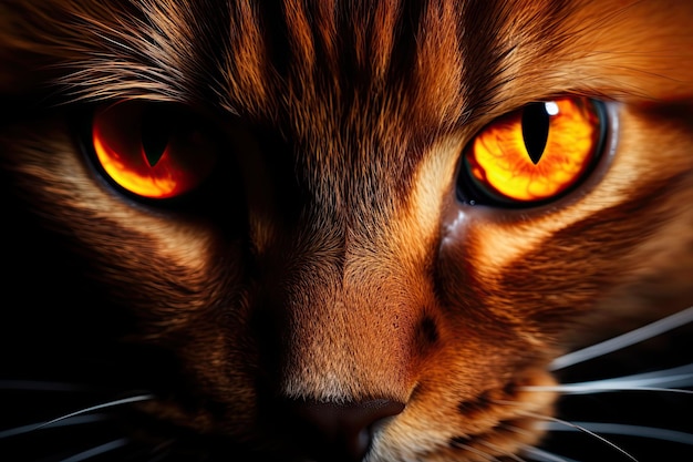 黒い暗闇の中で目が光るオレンジ色の飼い猫の神秘的な動物