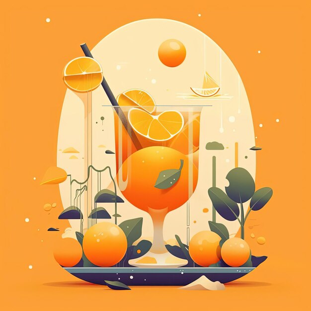 Photo an orange in the drink graphic in the style of james gilleard