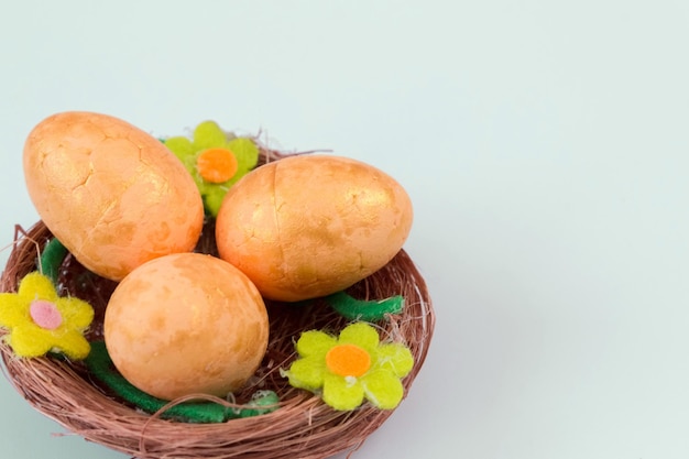 Orange Easter eggs in a nest on a pale green background