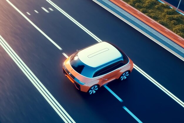 An orange electric car driving down a road.