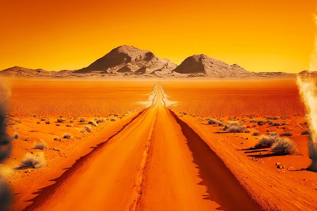 Orange empty road beyond horizont among dry deserts