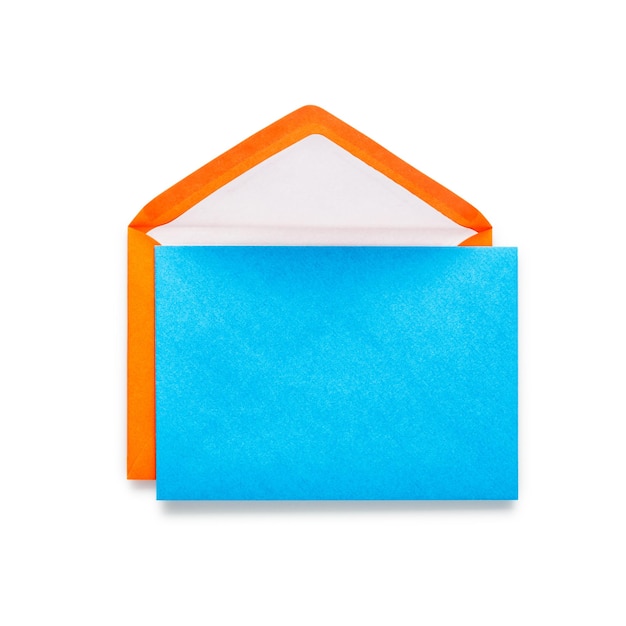 Orange envelope with blue card isolated on white background Objects group with clipping path