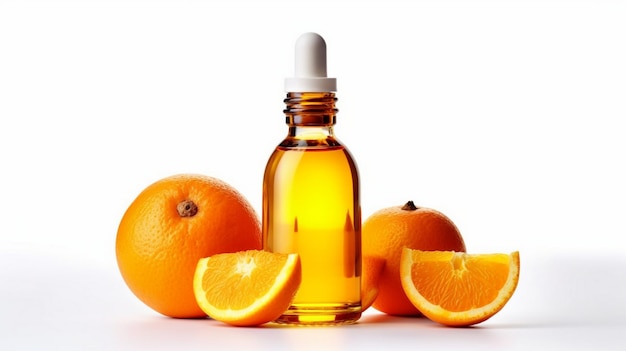 Photo orange essential oil in amber dropper bottle
